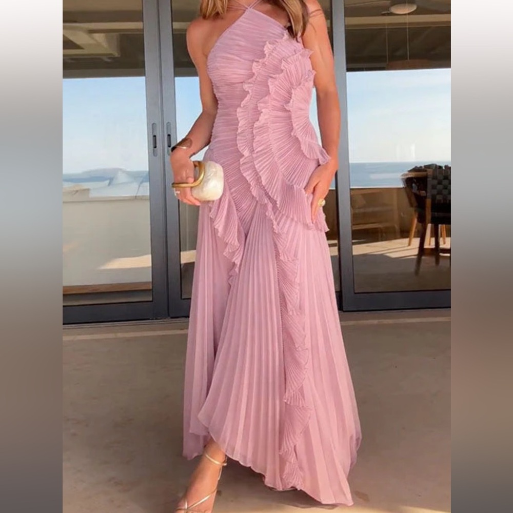 Chic One-Shoulder Pink Ruffle Dress